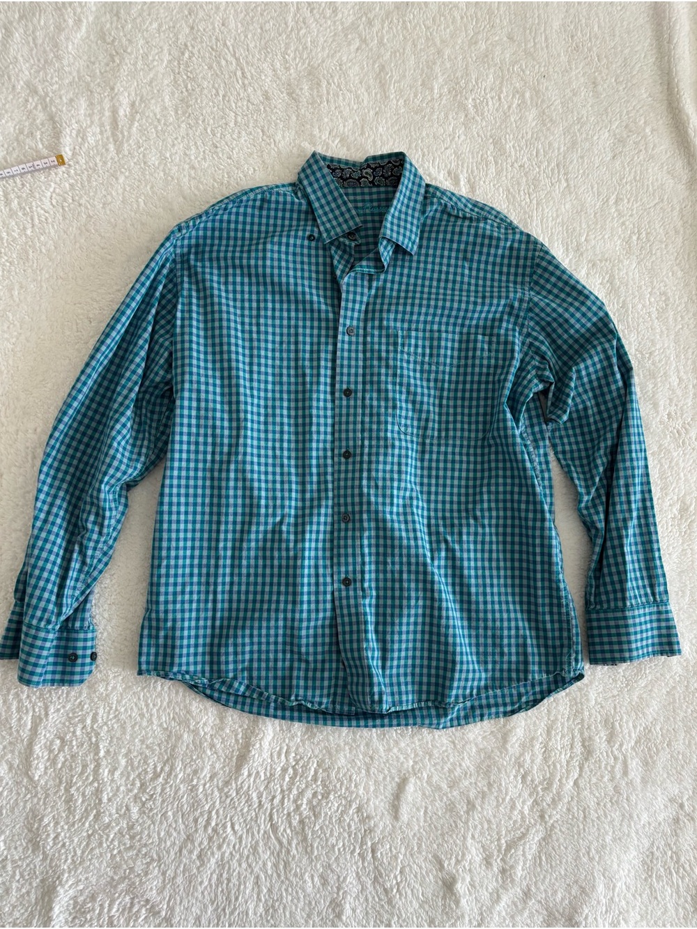 Alan Flusser Teal Green Gingham Check Cotton Dress Shirt Size L